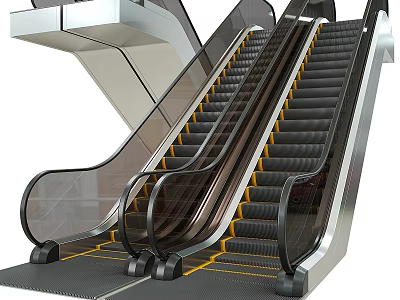 Modern Escalators With Transparent Glass Handrails Metal Frames And Steps Design 3d model