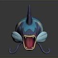 Blue Fish Like Creature With Purple Horns Red Eyes Yellow Spots Spikes And Tentacles