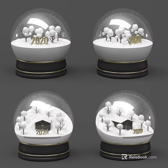 Decorative Ornament Set of Snow Globes with Snowy Scene Small House Trees and Year Numbers 3d model 