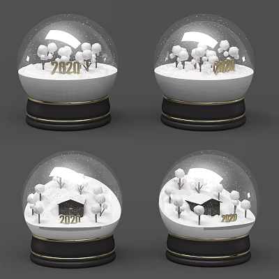 Decorative Ornament Set of Snow Globes with Snowy Scene Small House Trees and Year Numbers 3d model