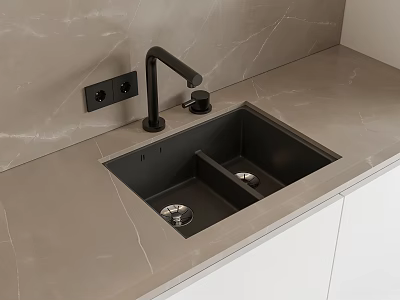 Modern Double Bowl Sink With Black Faucet Marble Countertop And White Cabinets 3d model