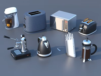 Essential Modern Kitchen Appliances Including Coffee Maker Toaster Microwave Kettle And Knife Block 3d model