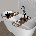 Elegant White Bathtub with Wooden Trays Scented Candles Bottles and Glasses
