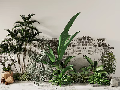 Indoor Plant Combination With Tropical Palms Large Leaf Plants Small Pots And Exposed Brick Wall 3d model