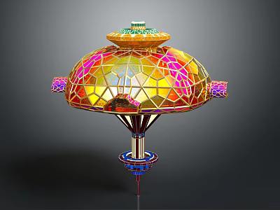 Futuristic Cosmic Spacecraft With Colorful Glass Dome Gold Pink Geometric Patterns And Thruster Like Base 3d model
