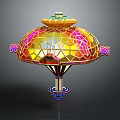Futuristic Cosmic Spacecraft With Colorful Glass Dome Gold Pink Geometric Patterns And Thruster Like Base