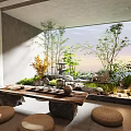 Zen Style Villa Balcony With Natural Plants Rocks And Tea Set