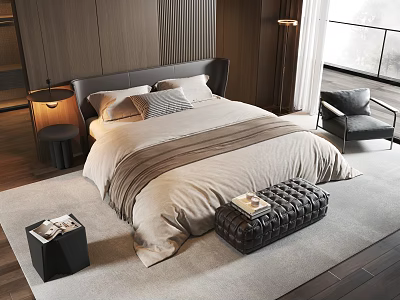 Double Bed In Modern Bedroom With Neutral Bedding Wooden Headboard Nightstand And Woven Bench 3d model
