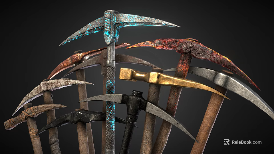 Various Styles and Colors Agricultural Equipment with Metal Heads Wooden Handles Rust and Color Coatings 3d model 