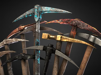 Various Styles and Colors Agricultural Equipment with Metal Heads Wooden Handles Rust and Color Coatings 3d model