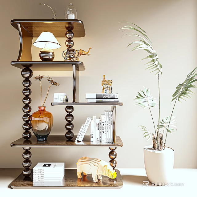 Decorative Wooden Shelving Unit With Books Table Lamp Vase And Potted Plant 3d model 