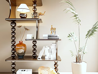 Decorative Wooden Shelving Unit With Books Table Lamp Vase And Potted Plant 3d model