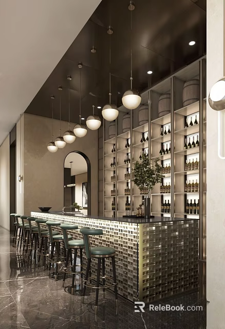 Modern Bar Interior With Bar Counter Green Stools Wine Racks Pendant Lights And Potted Plant 3d model 