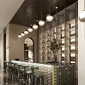 Modern Bar Interior With Bar Counter Green Stools Wine Racks Pendant Lights And Potted Plant