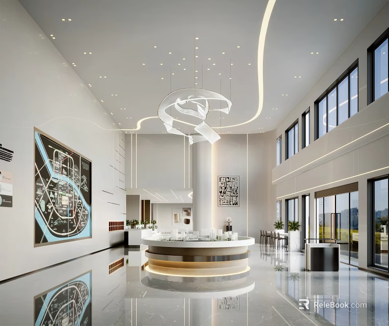Modern Sales Office Interior With Reception Desk Pendant Light And Large Glass Windows 3d model 