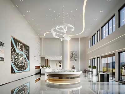 Modern Sales Office Interior With Reception Desk Pendant Light And Large Glass Windows 3d model