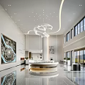 Modern Sales Office Interior With Reception Desk Pendant Light And Large Glass Windows