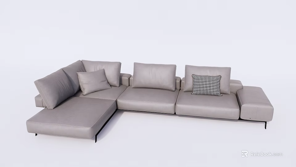 Light Gray L Shaped Sectional Sofa With Multiple Cushions And Checkered Pillow 3d model