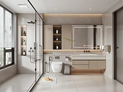 Modern Bathroom Interior With Glass Shower Enclosure Vanity Mirror Cabinets And Tiled Floors 3d model