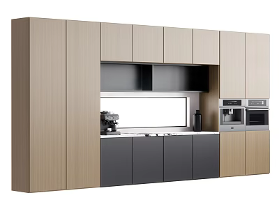 Modern Sideboard Design Featuring Light Wood and Dark Gray Cabinetry and Built in Appliances 3d model
