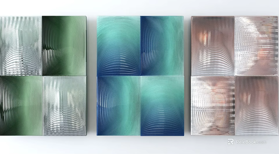 Stylish Square Wall Decor Panels With Green Blue Silver Wave Patterns 3d model