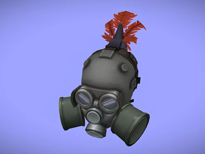 Gray Fire Equipment Gas Mask with Red Plume Filter Canisters and Clear Goggles 3d model