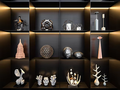 Elegant Decorative Ornament Collection Displayed on Black Shelves With Warm Lighting and Various Designs 3d model