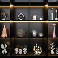 Elegant Decorative Ornament Collection Displayed on Black Shelves With Warm Lighting and Various Designs