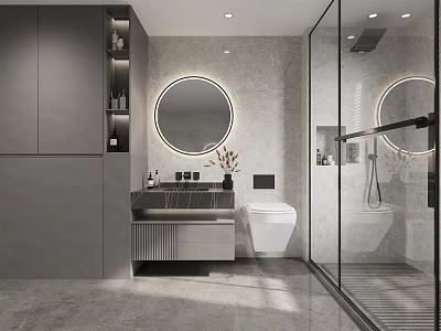 Modern Bathroom Interior Design With Round Mirror Vanity And Glass Shower 3d model