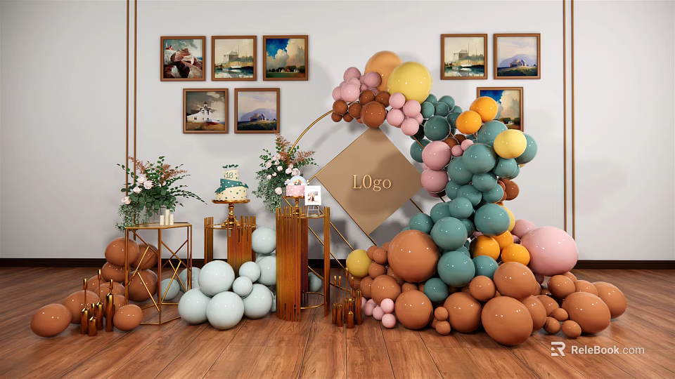 Floral Display Decoration With Colorful Balloons Arrangement And Cake Display Stands 3d model 