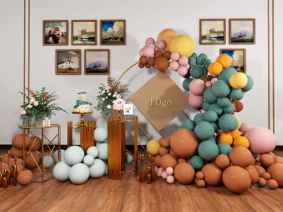 Floral Display Decoration With Colorful Balloons Arrangement And Cake Display Stands 3d model