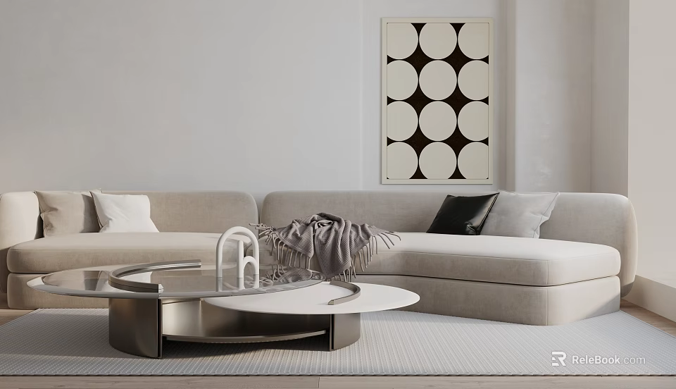 Light Gray Sectional Sofa With Modern Coffee Table Gray Blanket Throw Pillows And Decorative Art 3d model 