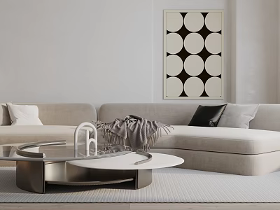 Light Gray Sectional Sofa With Modern Coffee Table Gray Blanket Throw Pillows And Decorative Art 3d model