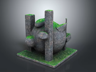 Natural Stone Outdoor Furniture With Green Moss Decor Circular Top And Square Base Pillar Support 3d model