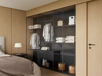 Modern Wardrobe With Glass Door Hanging Clothes Folded Towels And Storage Baskets 3d model