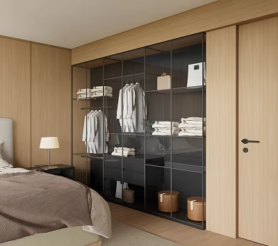 Modern Wardrobe With Glass Door Hanging Clothes Folded Towels And Storage Baskets 3d model