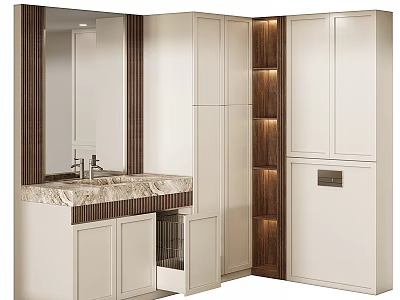 Modern Kitchen Interior With White Cabinets Marble Countertop Wooden Accents And Mirror 3d model