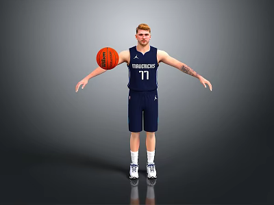 Basketball Player In Navy Blue Jersey With Memphis Number 77 Holding Basketball And Arms Outstretched 3d model