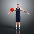 Basketball Player In Navy Blue Jersey With Memphis Number 77 Holding Basketball And Arms Outstretched