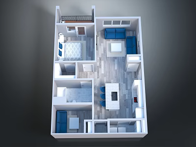 The provided image focuses on a house floor plan with rooms like living room bedroom kitchen and bathroom, containing no animal-related information, so it's impossible to generate an animal-themed title based on the image. 3d model