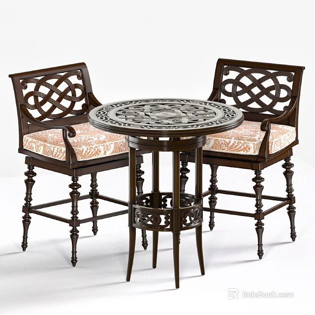 Vintage Round Table and Chair Set With Ornate Top Carved Backrest and Patterned Seats 3d model 