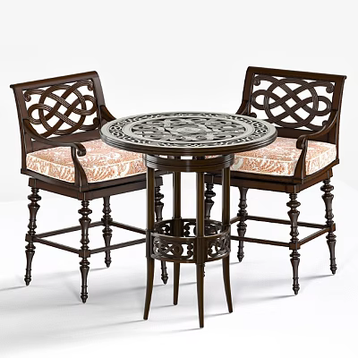 Vintage Round Table and Chair Set With Ornate Top Carved Backrest and Patterned Seats 3d model