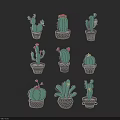 Artistic Hand Drawn Multiple Potted Cactus Plants On Black Background