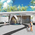 Scenic Entrance Gate With Circular Canopy Central Fountain Green Trees And Families Walking