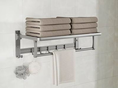 Bathroom Metal Towel Rack With Stacked Towels Hanging Towel And Bath Sponges 3d model