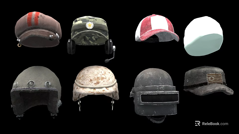 Different Styles of Military Weapon Helmets with Various Protective Designs and Combat Features 3d model 