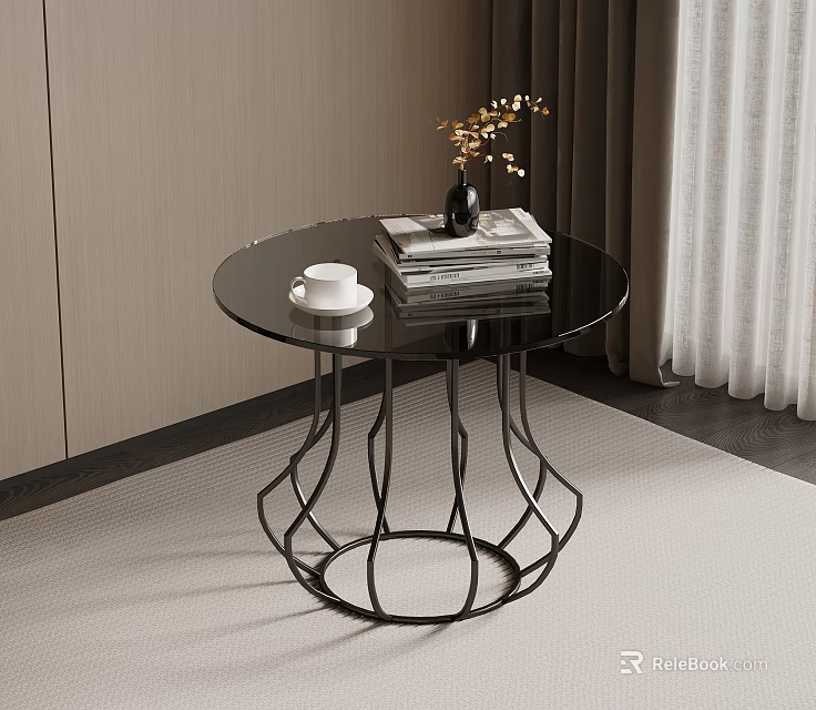 Round Glass Top Side Table with Black Metal Geometric Base Stacked Books and Vase 3d model 