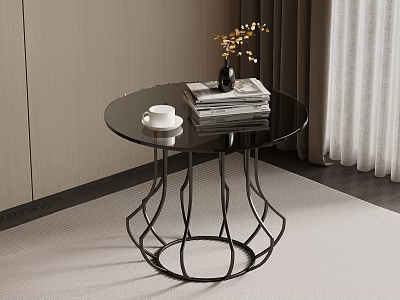 Round Glass Top Side Table with Black Metal Geometric Base Stacked Books and Vase 3d model