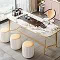 Elegant Tea Table with Marble Top Gold Legs and Light-colored Chairs White Pleated Stools 3d model