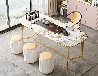 Modern Light Luxury Marble Tea Table and Chair Combination Tea Table Rock Plate Tea Table Tea Table Tea Tray Tea Set Backrest Chair Sofa Stool 3d model